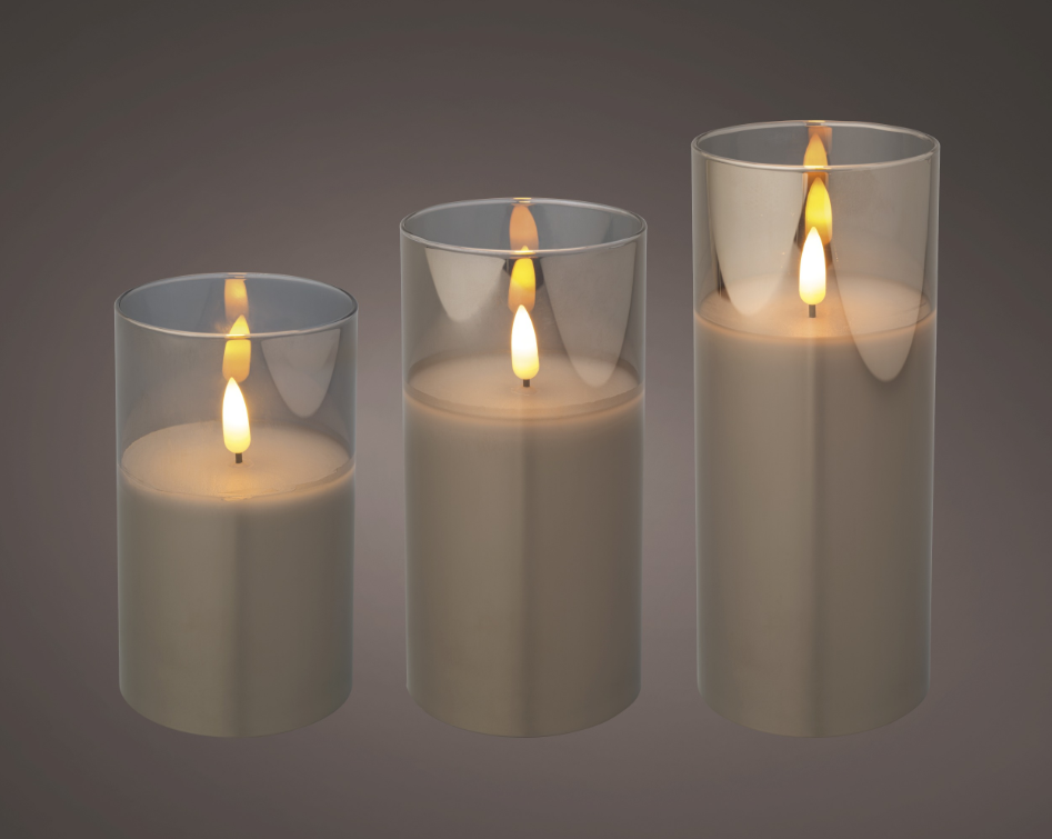 LED Wick Glass Candles 7.5cm x 17.5cm Set of 3