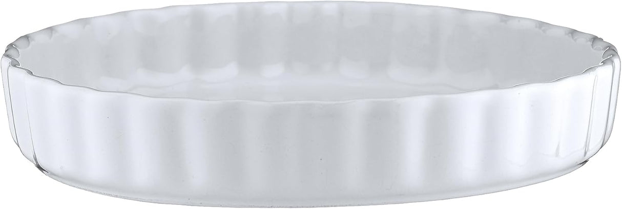 A clear glass pie dish with a fluted rim, shown against a plain white background.
