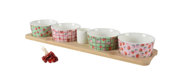 Porcelain Tapas Set with Bamboo Decal & Strawberry Pattern | 821083