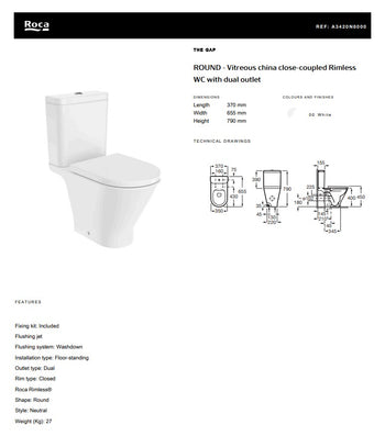 Round - Vitreous China Close-Coupled Rimless WC with Dual Outlet | A3420N8000