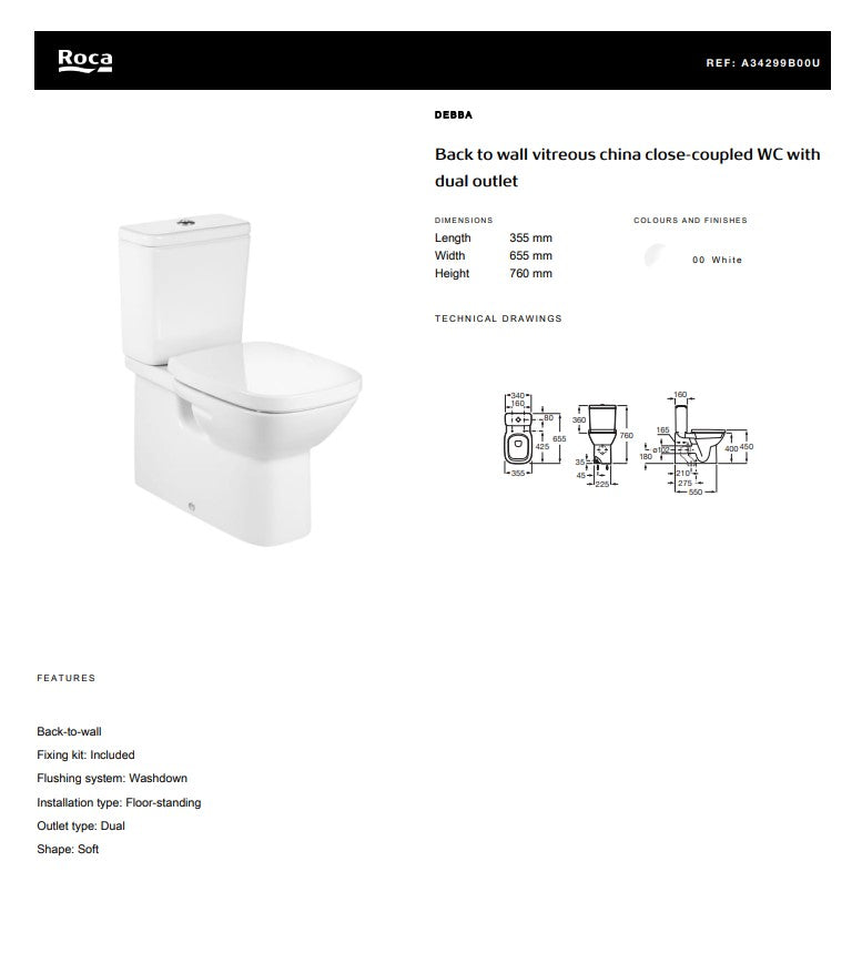 Debba Back to Wall Vitreous China Close-Coupled WC with Dual Outlet | A34299B00U