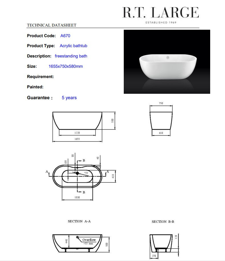 Paris Freestanding Bath 1655mm | A670/1655