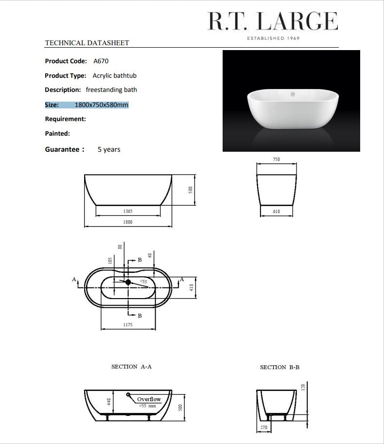 Paris Freestanding Bath 1800mm | A670/18