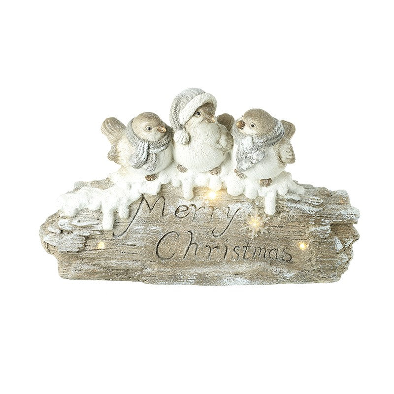 Heaven Sends Merry Christmas Birds On Log W/Led | BAZ025