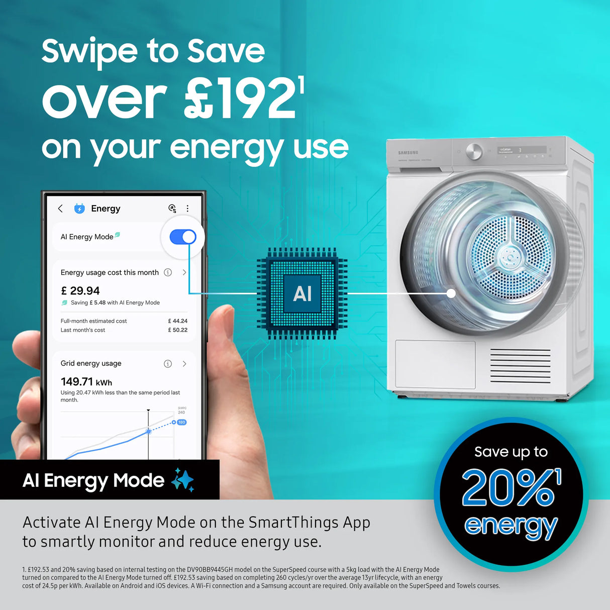 Samsung Series5 AI Energy 9kg Heat Pump Tumble Dryer - White | DV90DG52A0AEEU