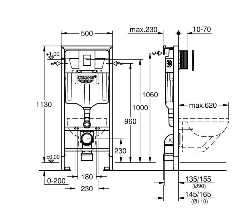 Grohe Rapid SL 3-in-1 1.13m Frame with Chrome Flush Plate | G3877220A