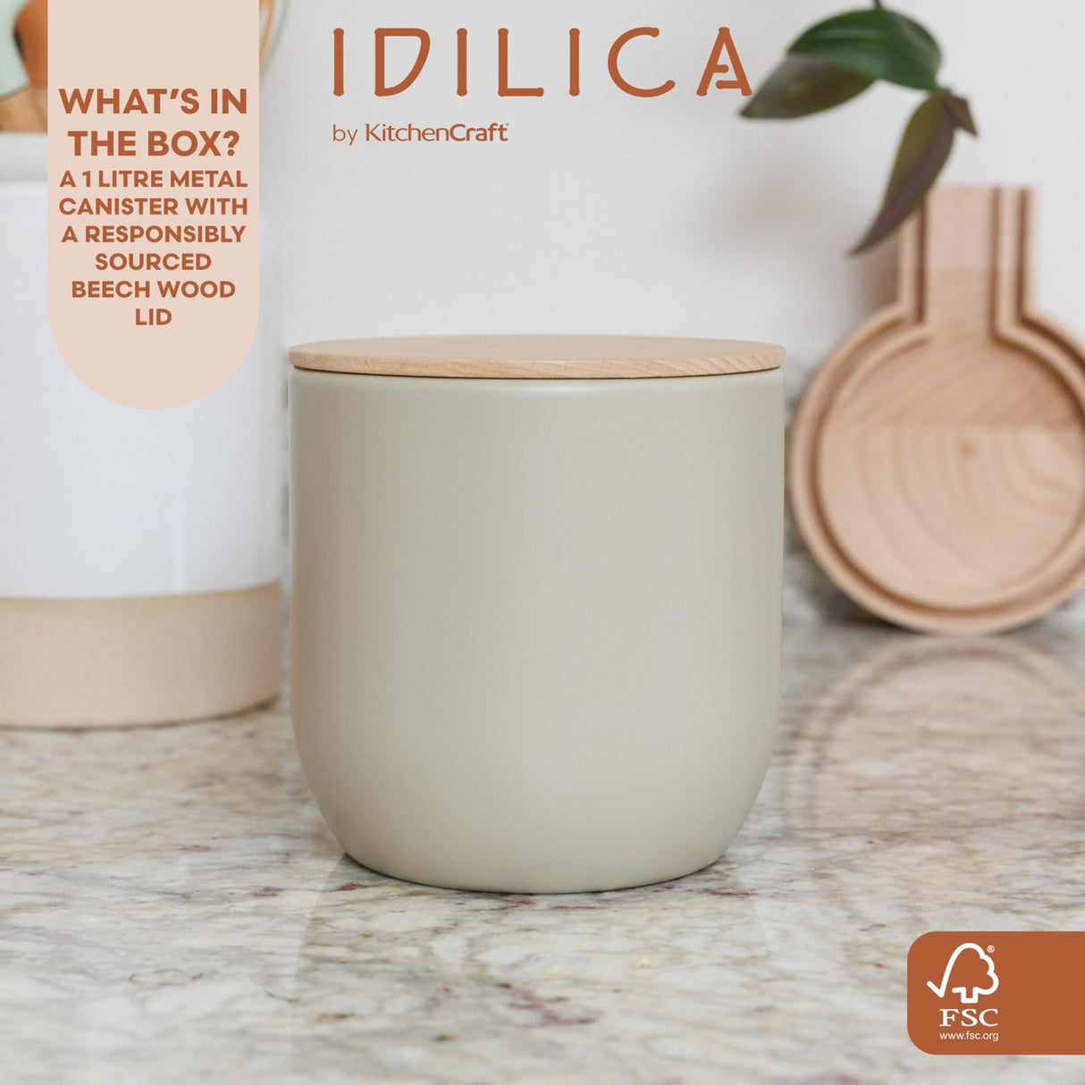 KitchenCraft Idilica Kitchen Canister with Beechwood Lid, 12 x 12cm, Putty │IDCANMEDGRY