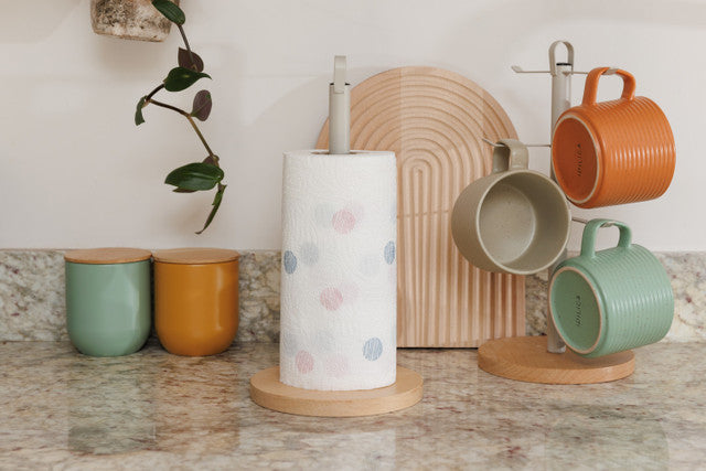 KitchenCraft Idilica Metal Kitchen Roll Holder with Beechwood Base │IDTOWEL