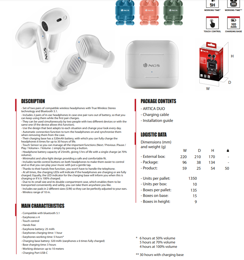 NGS Artica Duo Wireless Touch Control BT Headphones - Black | 621211