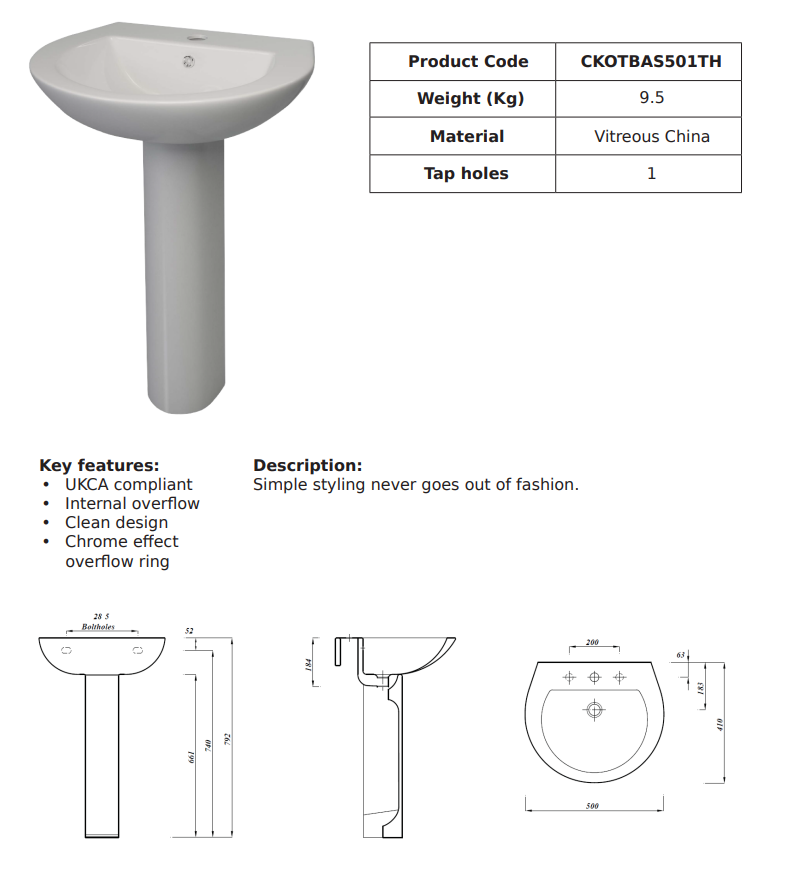 Kota 50cm 1TH Round Basin | CKOTBAS501TH