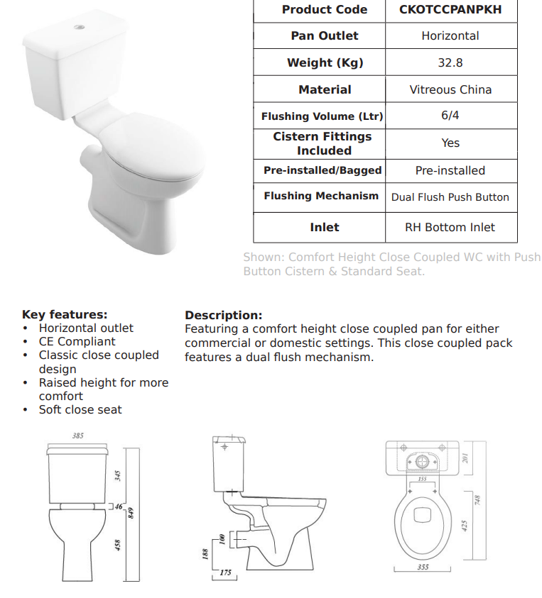 Kota Comfort Height Close Couple Pan Pack inc Seat | CKOTCCPANPKH