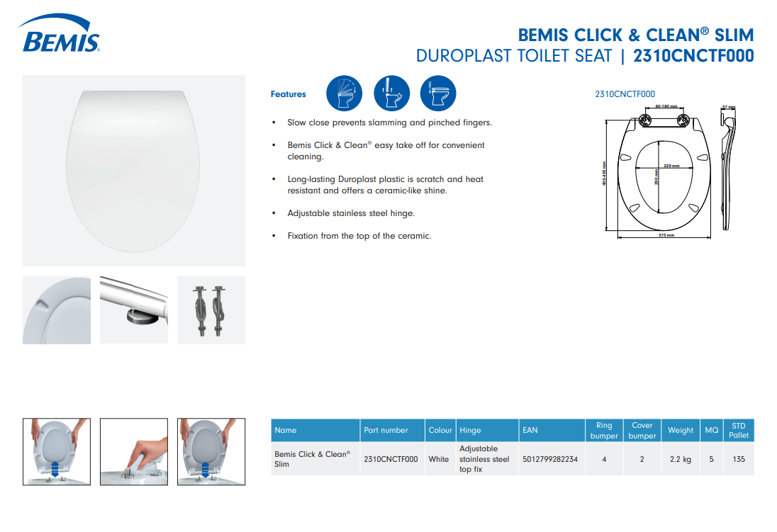 Bemis Click & Clean Slow Close Toilet Seat | EA25