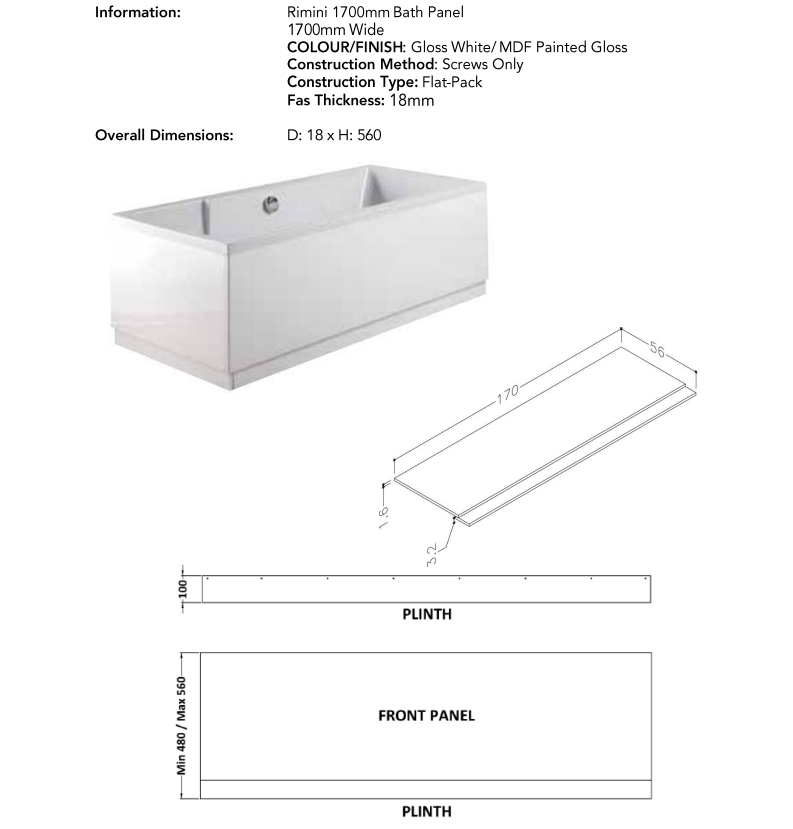 Rimini 1700mm Bath Panel White | RIM1700WH