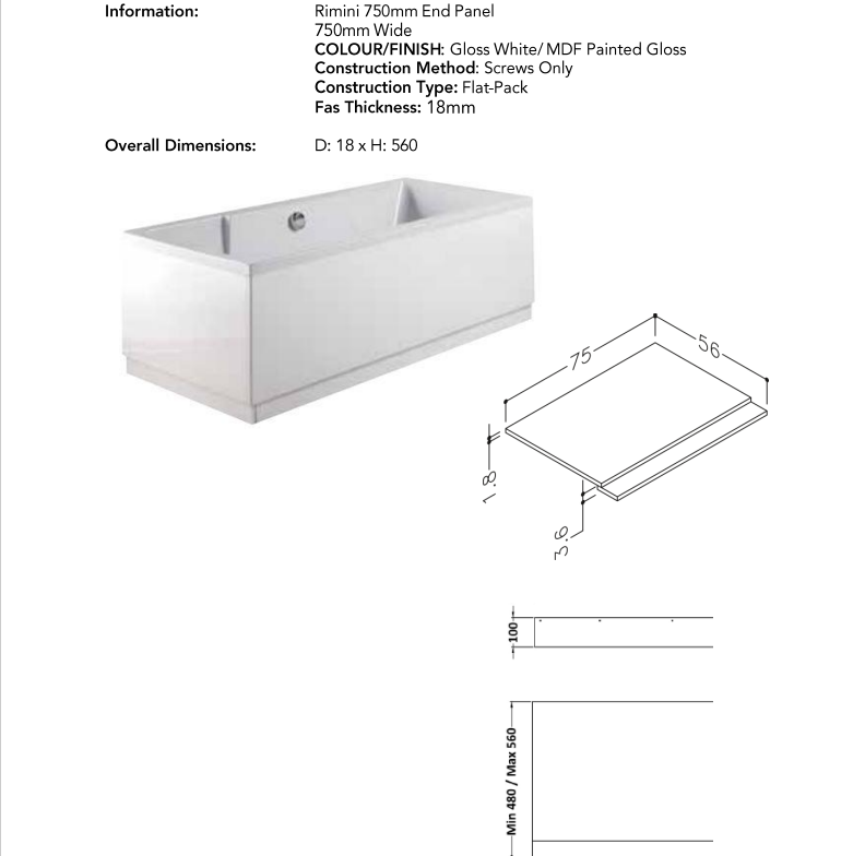 Rimini 750mm Bath Panel White | RIM750WH