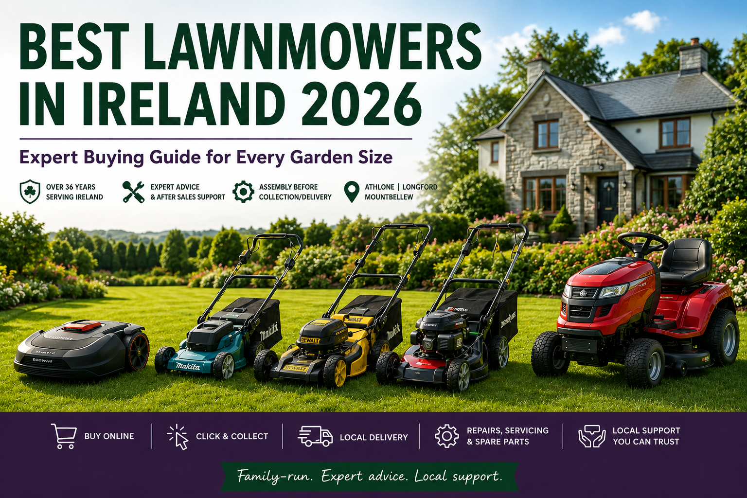 Discover the best lawnmowers in Ireland for 2026 with expert advice from Ganlys. Compare battery, petrol, robotic and ride-on mowers for every garden size