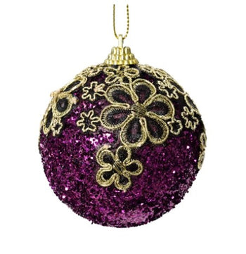 8cm Glitter Violet Flower Bauble | 029482