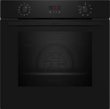 Black oven with digital display and control knobs on a black background