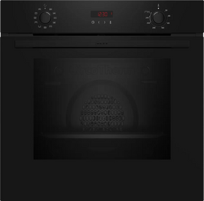 Black oven with digital display and control knobs on a black background