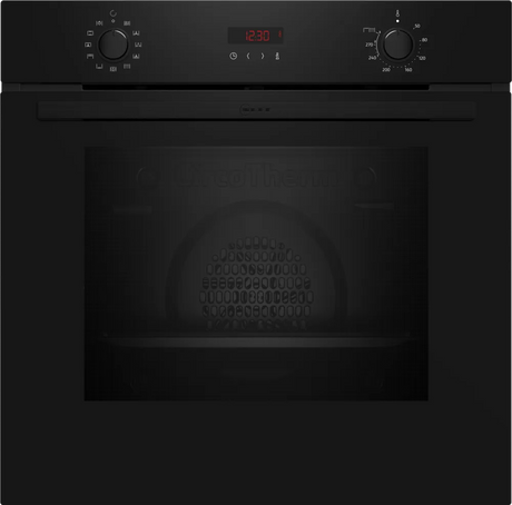 Black oven with digital display and control knobs on a black background