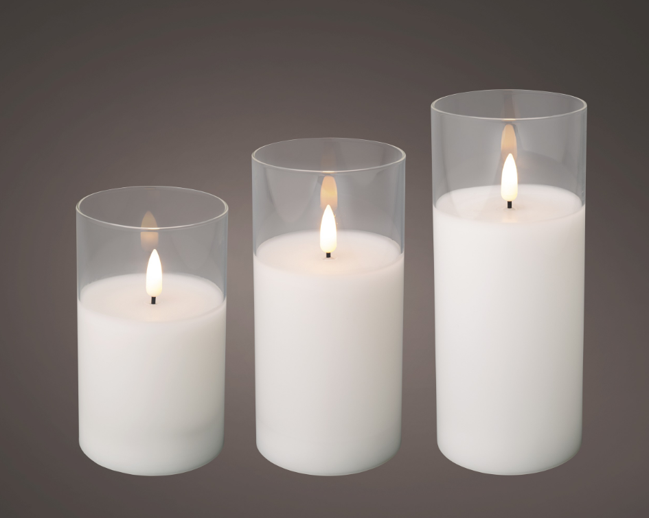 LED Wick Glass Candles 7.5cm x 17.5cm Set of 3