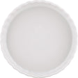 A white ceramic pie or tart dish with a scalloped rim, shown from a top-down view on a white background.