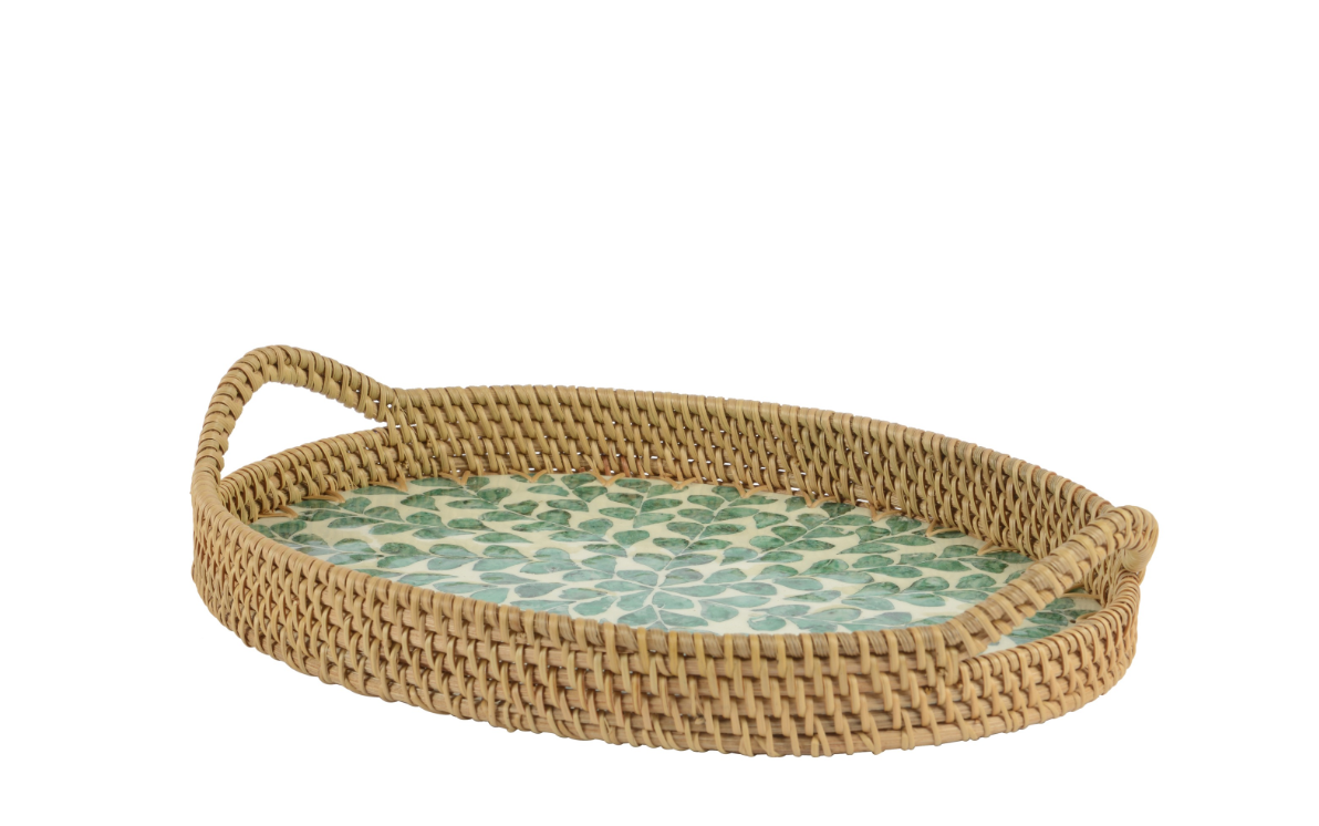 Oval Rattan Tray W/handles 36x26cm - Green Leaf | 810005