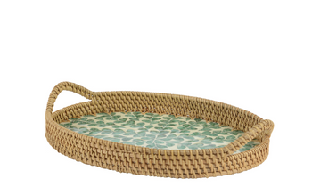 Oval Rattan Tray W/handles 36x26cm - Green Leaf | 810005