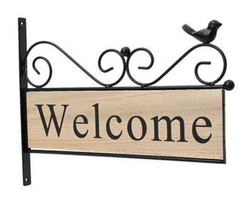 Iron Wall Mounted Welcome Sign - Black/Wood Effect | 858929