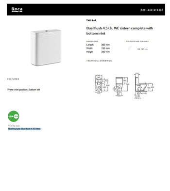 The Gap Dual Flush 4,5/3L WC Cistern Complete with Bottom Inlet | A34147D00F