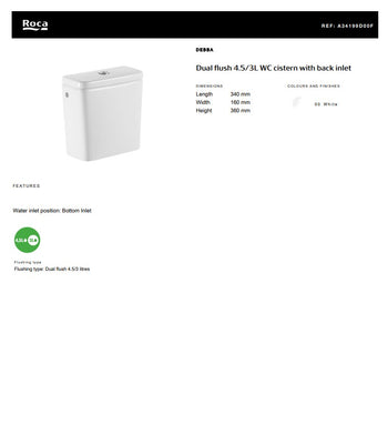 Debba Dual Flush 4.5/3L WC Cistern with Back Inlet | A34199D00F