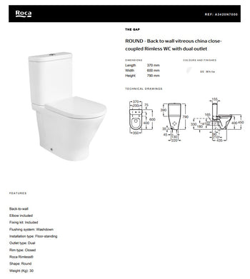 ROUND - Back to Wall Vitreous China Close-Coupled Rimless WC with Dual Outlet | A3420N7000