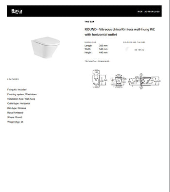 Round - Vitreous China Rimless Wall-Hung WC with Horizontal Outlet | A3460NL000