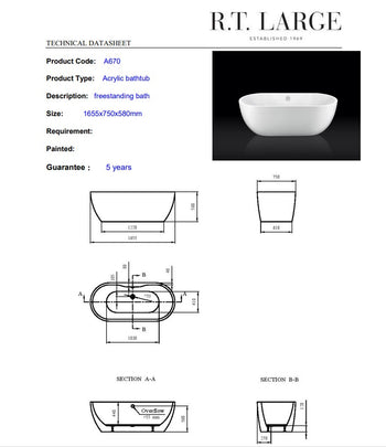 Paris Freestanding Bath 1655mm | A670/1655