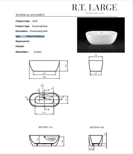Paris Freestanding Bath 1800mm | A670/18