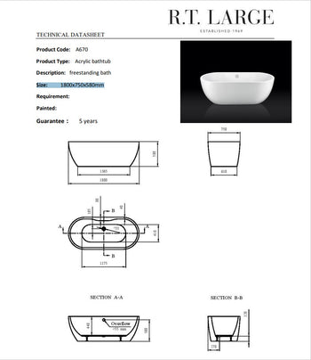 Paris Freestanding Bath 1800mm | A670/18