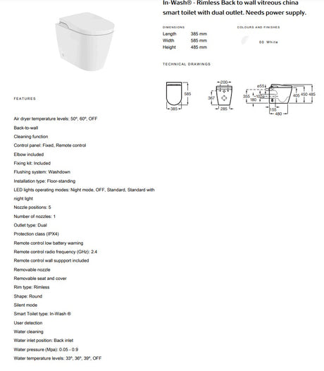 In-Wash® Rimless Back to wall vitreous china smart toilet with dual outlet | A80306300R