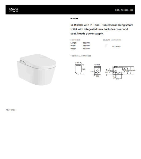 In-Wash® with In-Tank Rimless Wall-Hung Smart Toilet with Integrated Tank | A803094000