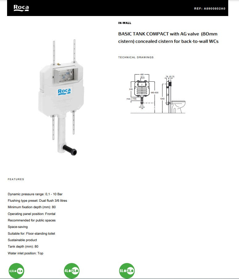 In-Wall Basic Tank Compact with AG Valve (80mm cistern) Concealed Cistern for Back-to-Wall WCs | A8900802A0