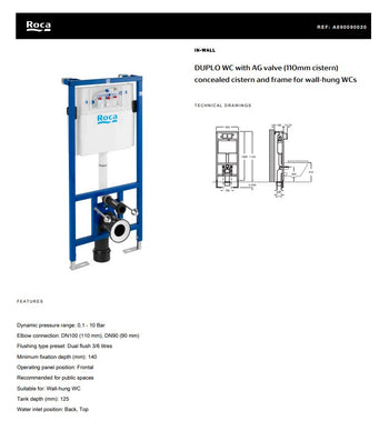In-Wall Duplo WC with AG Valve (110mm cistern) Concealed Cistern and Frame for Wall-Hung WCs | A8900900A0