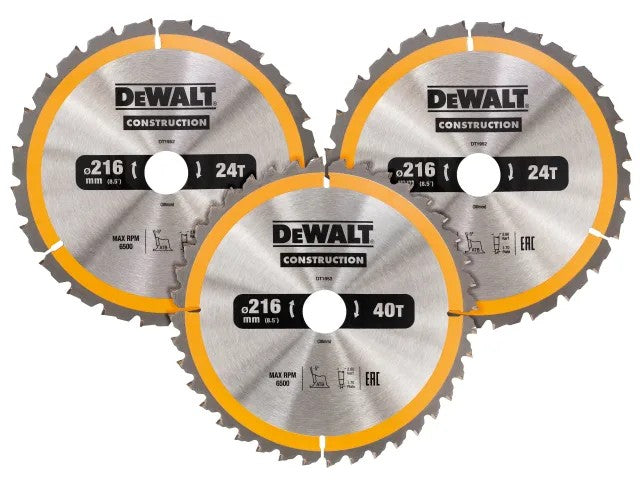 DeWalt Construction Circular Saw Blade 3 Pack 216 x 30mm 2 x 24T 1 x 40T | DEWDT1962QZ