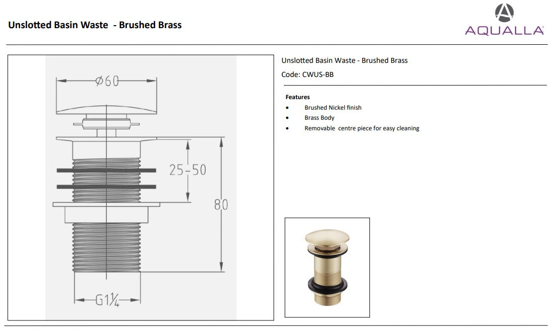 Domed Basin Waste Unslotted – Brushed Brass