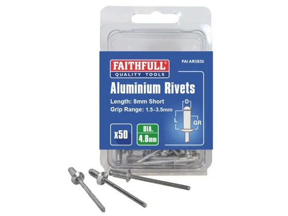 Faithfull Aluminium Rivets 4.8 x 8mm Short 50pk | FAIAR5S50