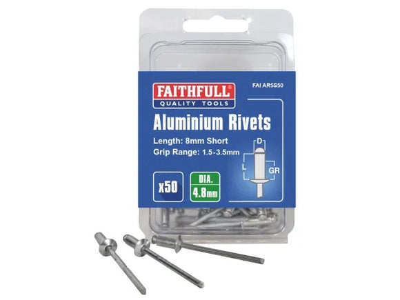 Faithfull Aluminium Rivets 4.8 x 8mm Short 50pk | FAIAR5S50