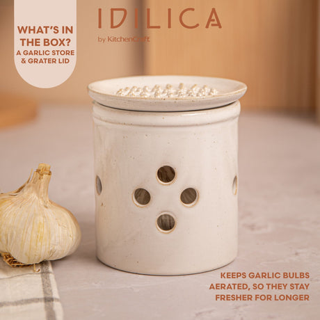 KitchenCraft Idilica Stoneware Garlic Storage with Grater Lid, Cream │IDGARLIC