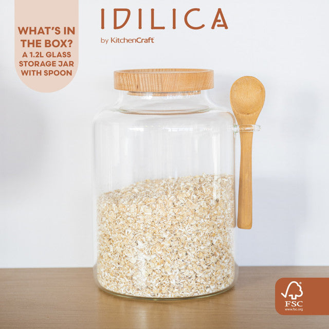 KitchenCraft Idilica Glass Storage Jar with Beechwood Lid and Bamboo Spoon, 1200ml | IDGLSSTORSPN
