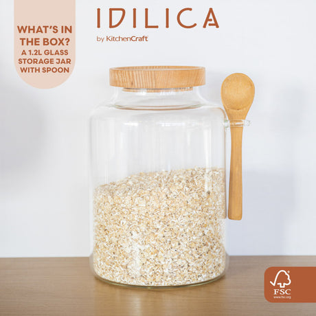 KitchenCraft Idilica Glass Storage Jar with Beechwood Lid and Bamboo Spoon, 1200ml | IDGLSSTORSPN