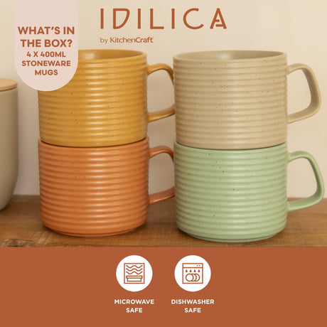KitchenCraft Idilica Stacking Stoneware Mugs, Set of 4, 400ml | IDMUGPK4