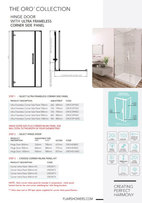 Flair Oro Hinge Door with Ultra Frameless Corner Side Panel