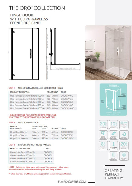 Flair Oro Hinge & Inline Door with Ultra Frameless Corner Side Panel
