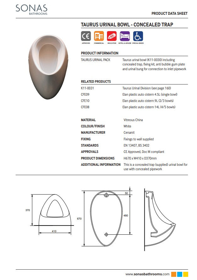 Taurus Urinal Bowl - Concealed Trap | TAURUSURINALPACK
